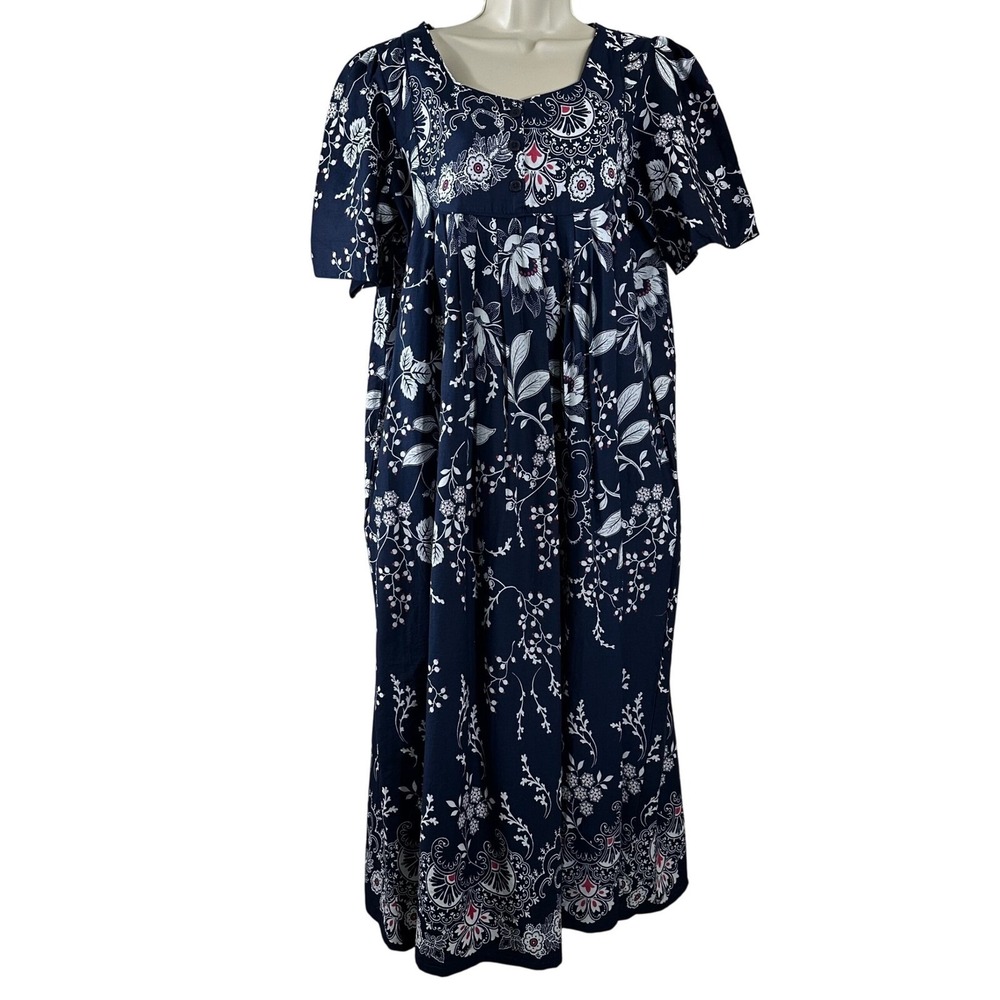 Only Necessities Women's Navy Floral Cotton Muumuu Dress Pockets Size‎ M 14/16